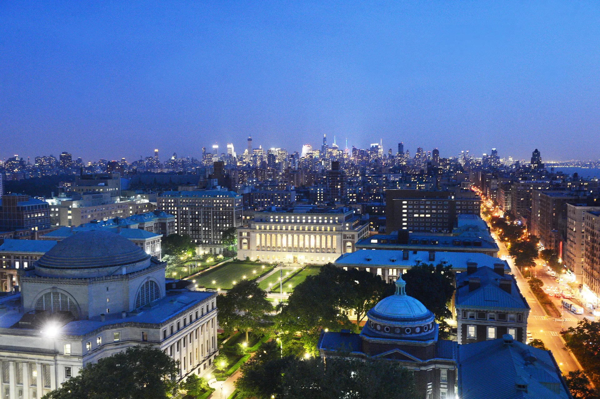 Columbia University and the Manhattan skyline at dusk